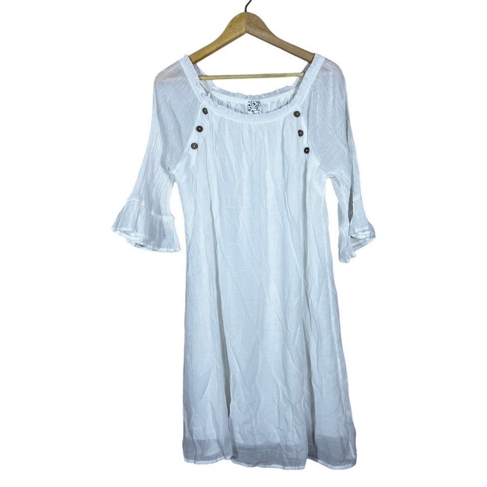 Naif Peasant Solid Mini Dress White Boho Ruffle Bell Sleeve Button Detail XL